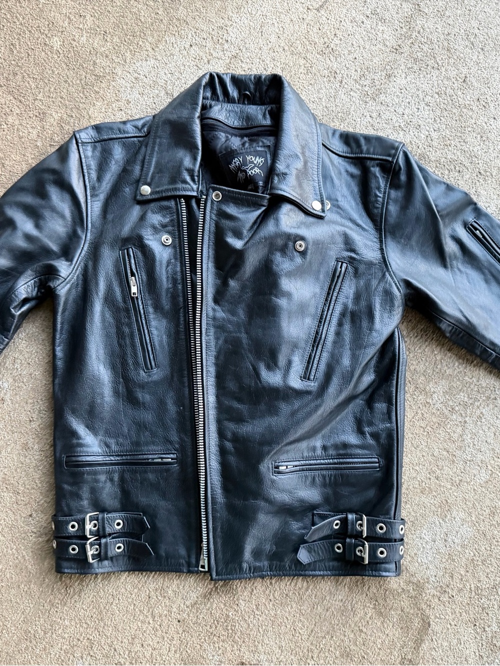 Angry Young & Poor Black Leather Biker Jacket Size 40 (8-10)